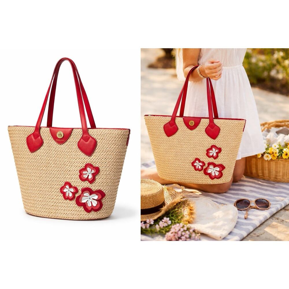 Anne Klein Straw Tote Red Leather Trim Floral Applique Large Summer Bag